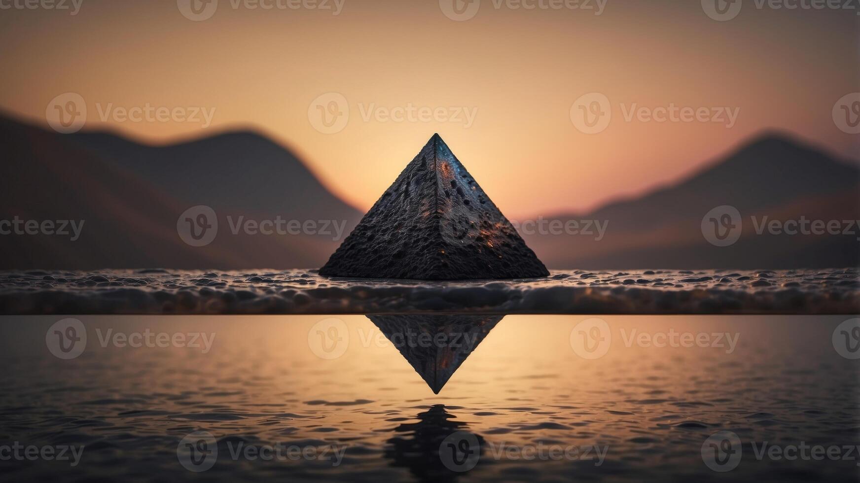 A black pyramid shaped object floating on top of a body of magma. photo