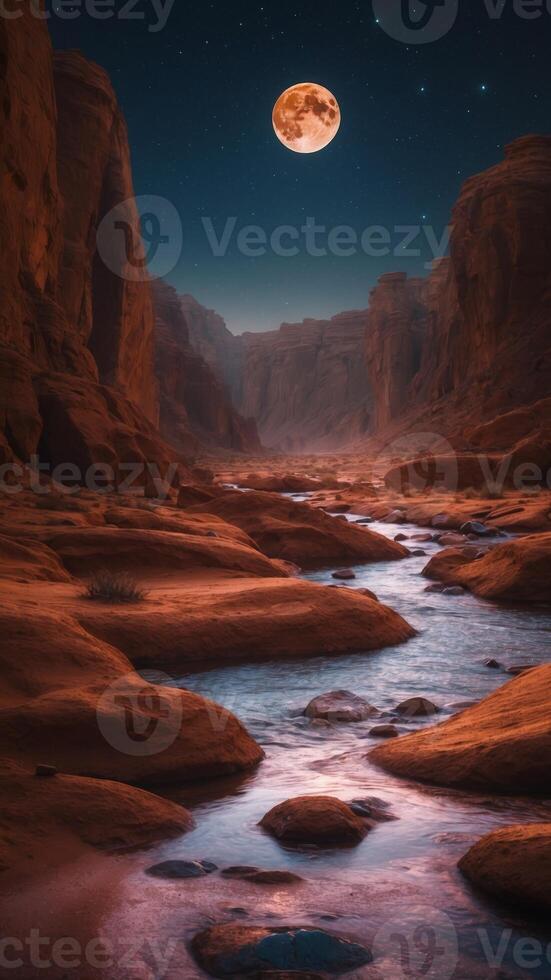 A neon river cutting through a desert of alien rock formations under twin moons. photo