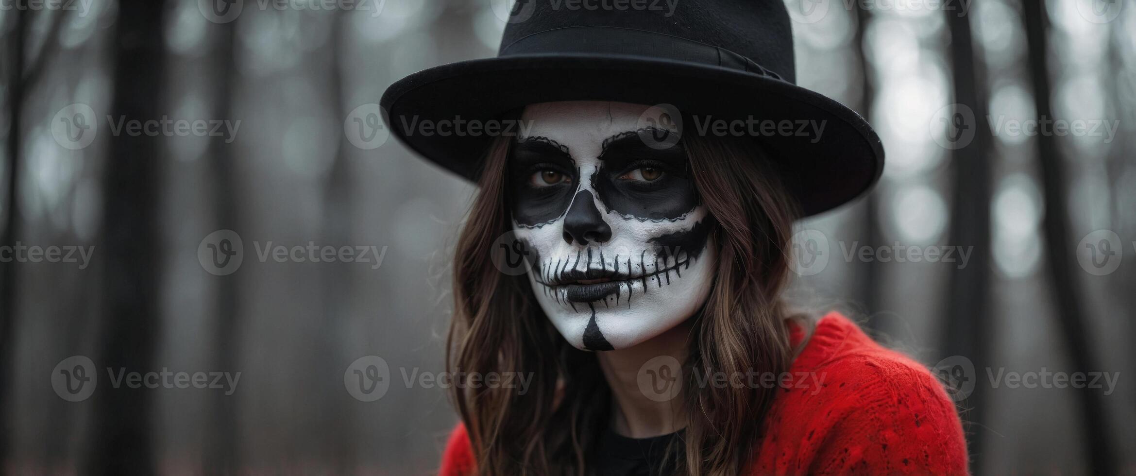 A girl with a black and white face and a red hat with a skull on it. photo
