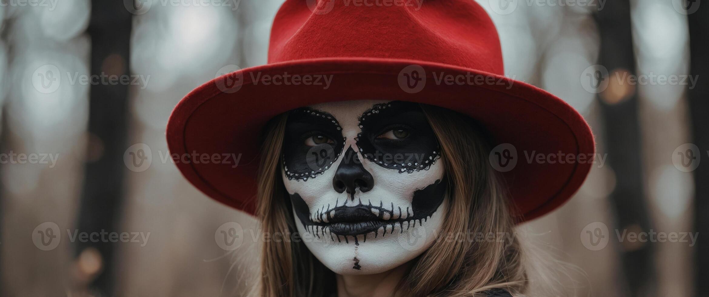 A girl with a black and white face and a red hat with a skull on it. photo