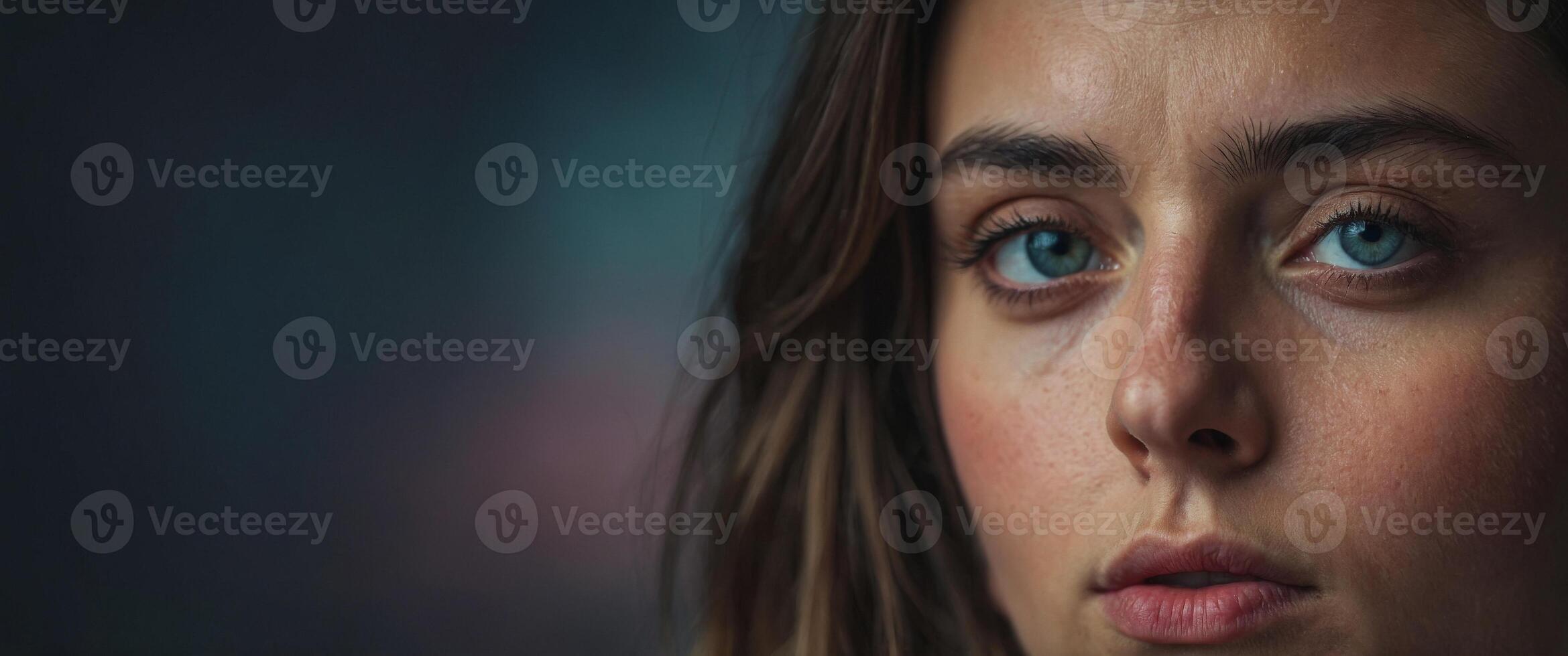 Intimate Closeup of a Sorrowful Eye with a Single Tear Capturing Emotion and Vulnerability. photo