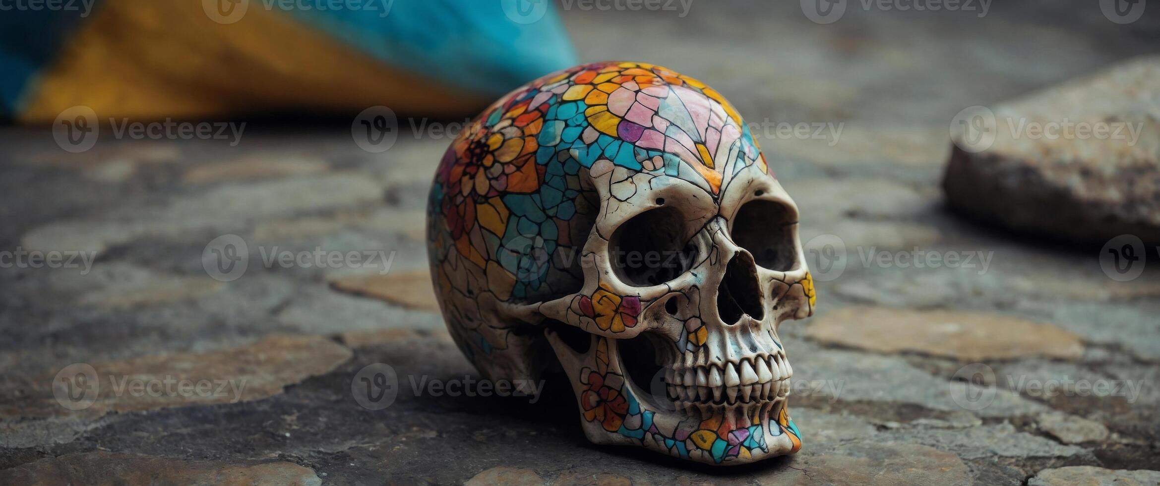 A skull with colorful designs is sitting on a stone floor. photo