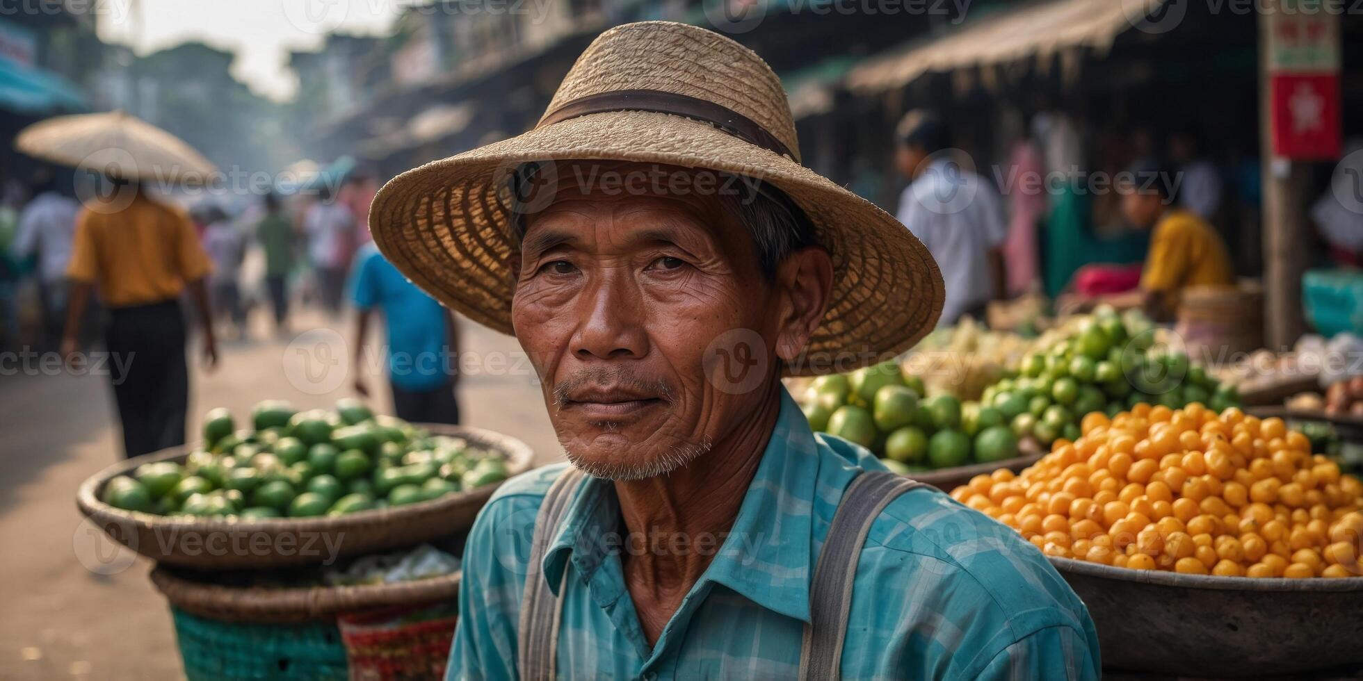 Market vendor man in a broad hat in Yangon, Myanmar. photo