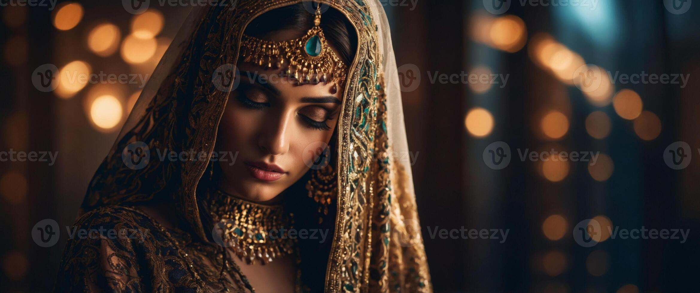 Alluring Middle Eastern Fashion Shoot with Dramatic Lighting and Moody Atmosphere. photo