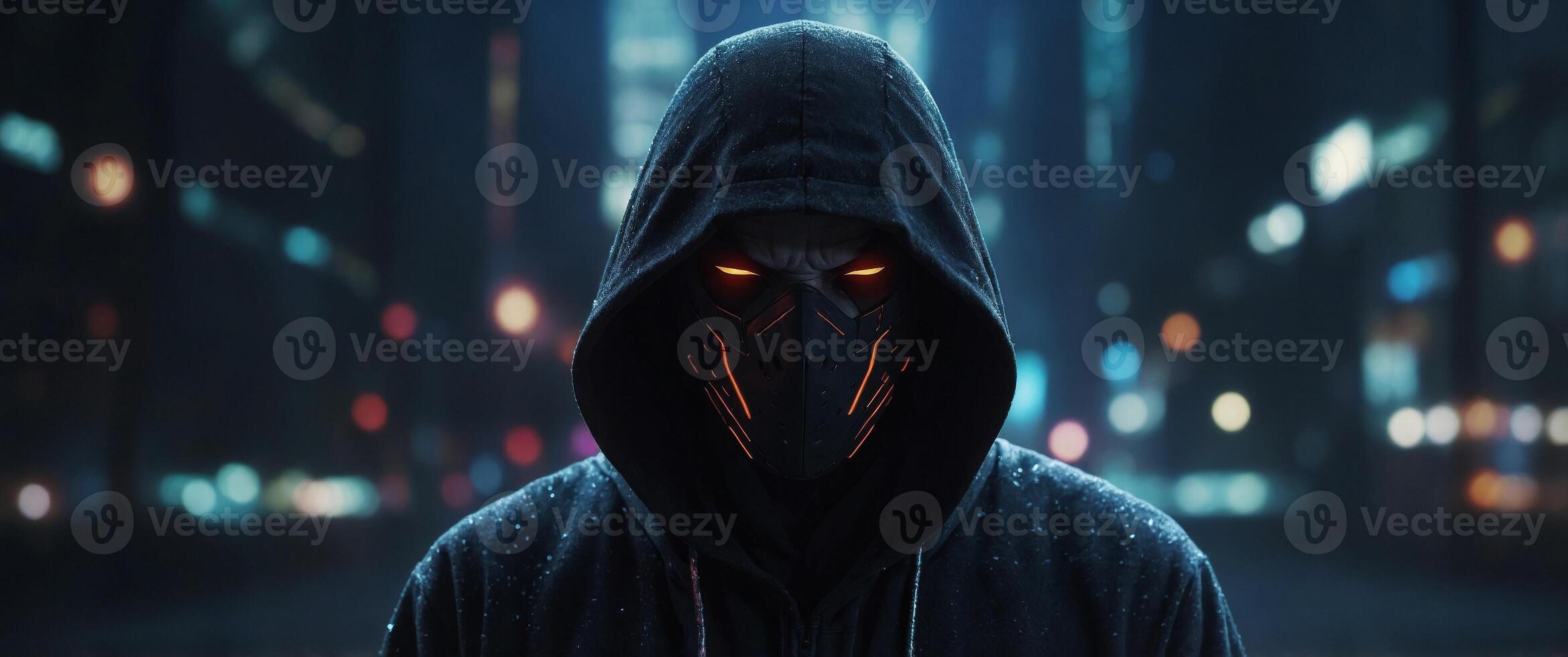 mysterious anime character hooded figure with partially obscured face intense gaze visible dark atmospheric background with hints of neon accents. photo