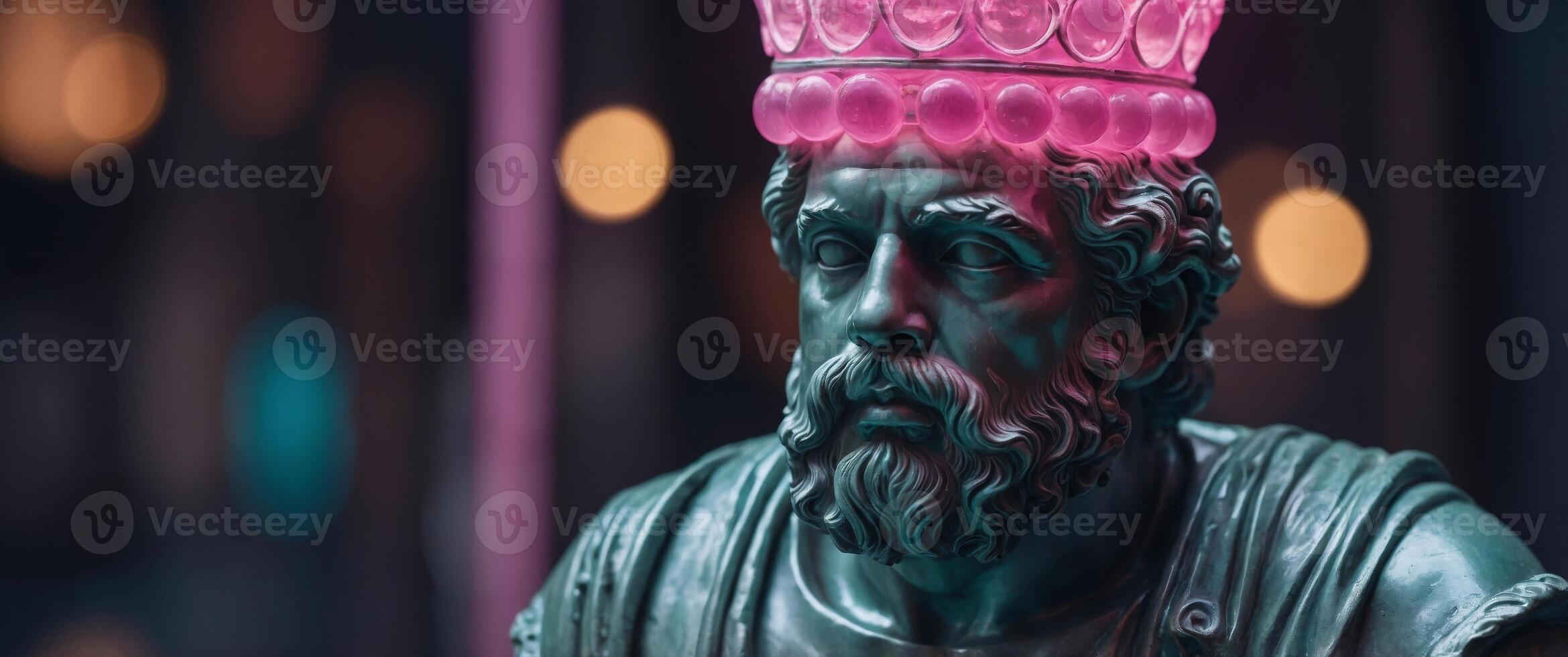 Bust of a classical statue with a glowing neon crown and bubble gum. photo