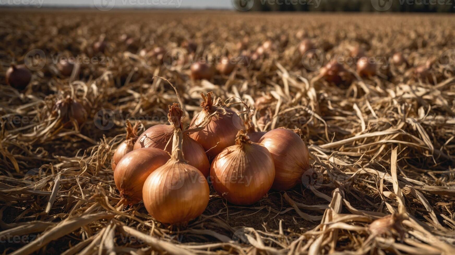 Harvest-ready onions in sunlit Castilla La Mancha field. photo