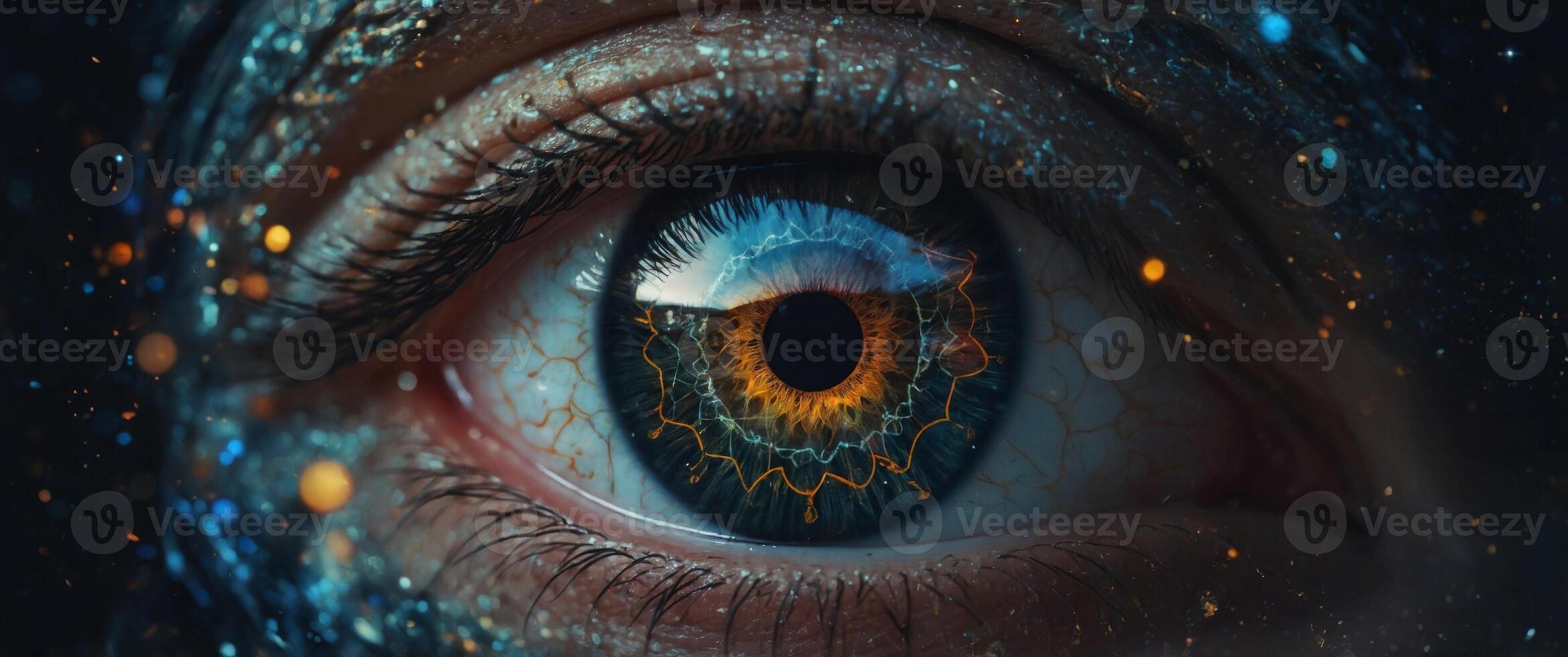 Mystical Sigil Infused Eye Surrounded by Magical Symbols and Cosmic Illumination. photo