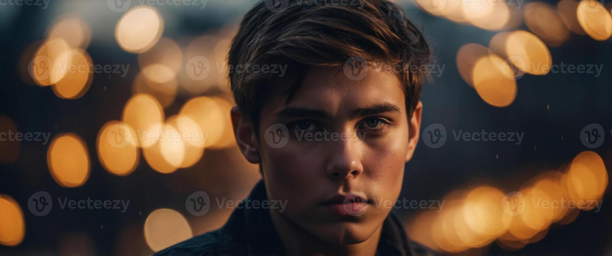 Intense youthful gaze with dramatic lighting. photo