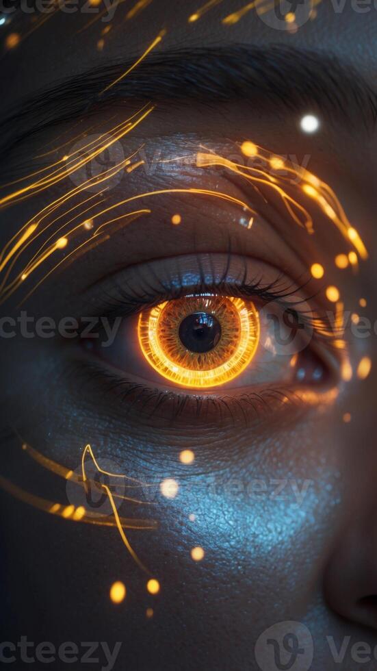 Captivating Cybernetic Eye with Neon Circuits and Holographic Displays in Futuristic Face. photo