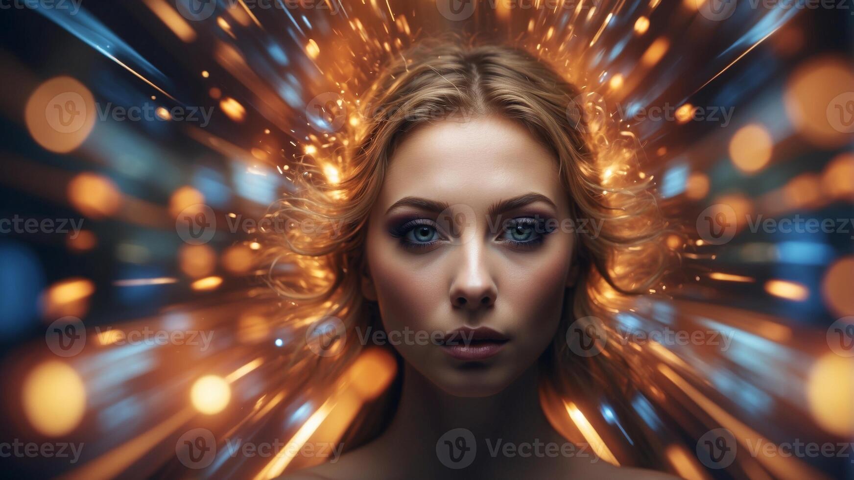 An colorful swirl of light and color with a face in the center. photo