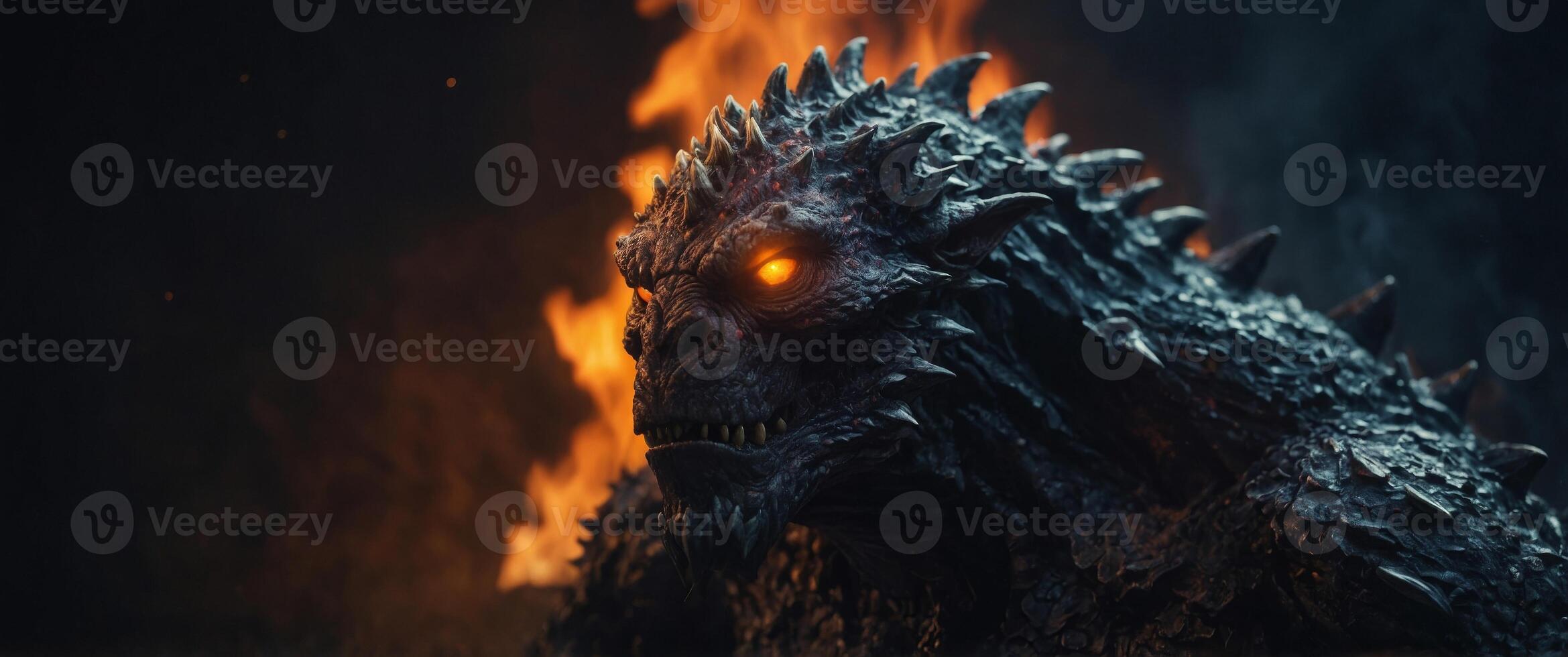 Mysterious evil monster creature in a dark room with fire. photo