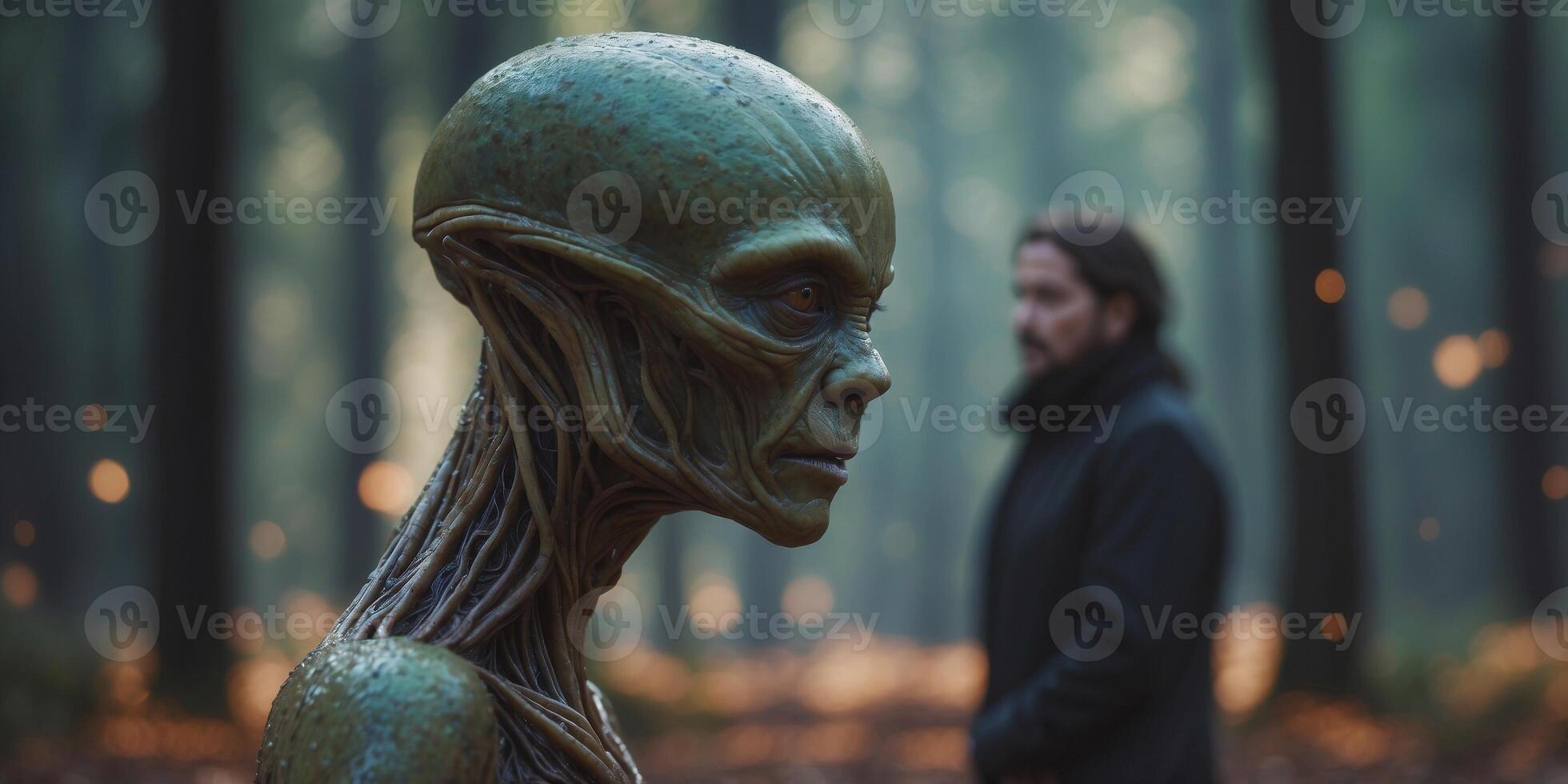 Alien encounter in the heart of the forest a mysterious meeting that merges the unknown with the familiar. photo