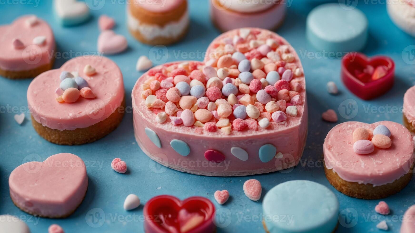 A romantic valentine's day background featuring delectable confectionery in shades of pink and blue, with heart-shaped treats and colorful candies sure to satisfy your sweet tooth. photo