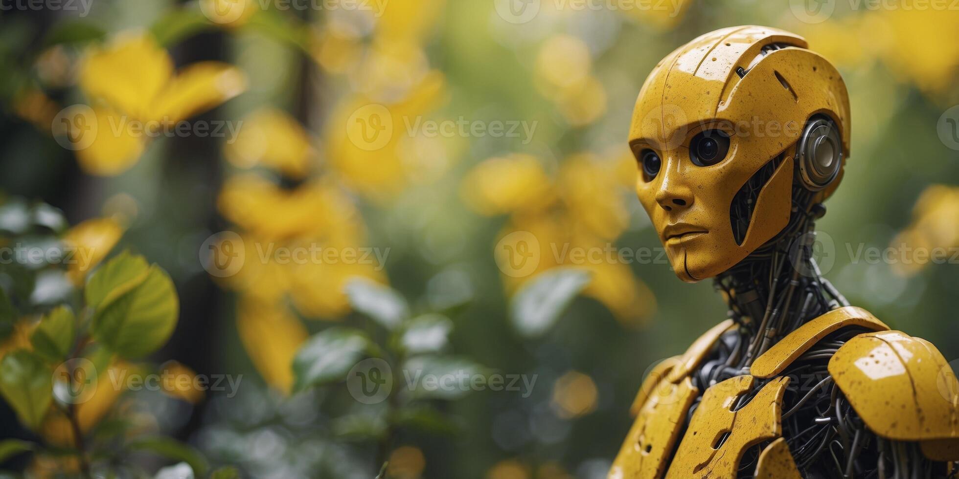 A robotic figure covered in foliage and wearing a yellow cloth. photo