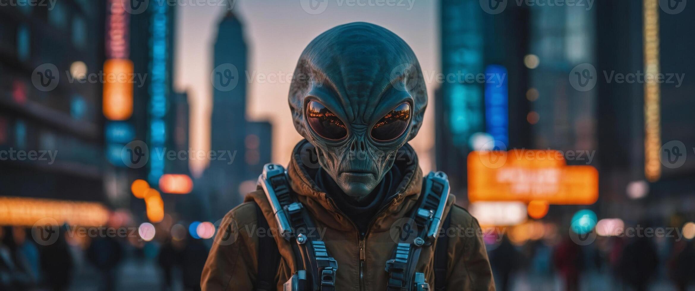 Alien Exploring Futuristic Urban Cityscape with Curious Yet Doubtful Expression. photo