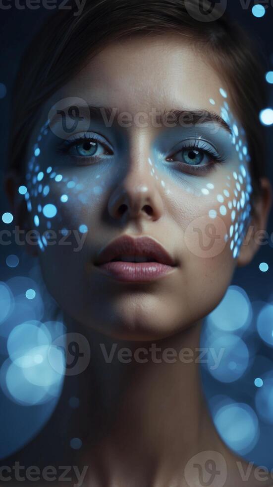 Illuminated blue face with futuristic digital art concept. photo