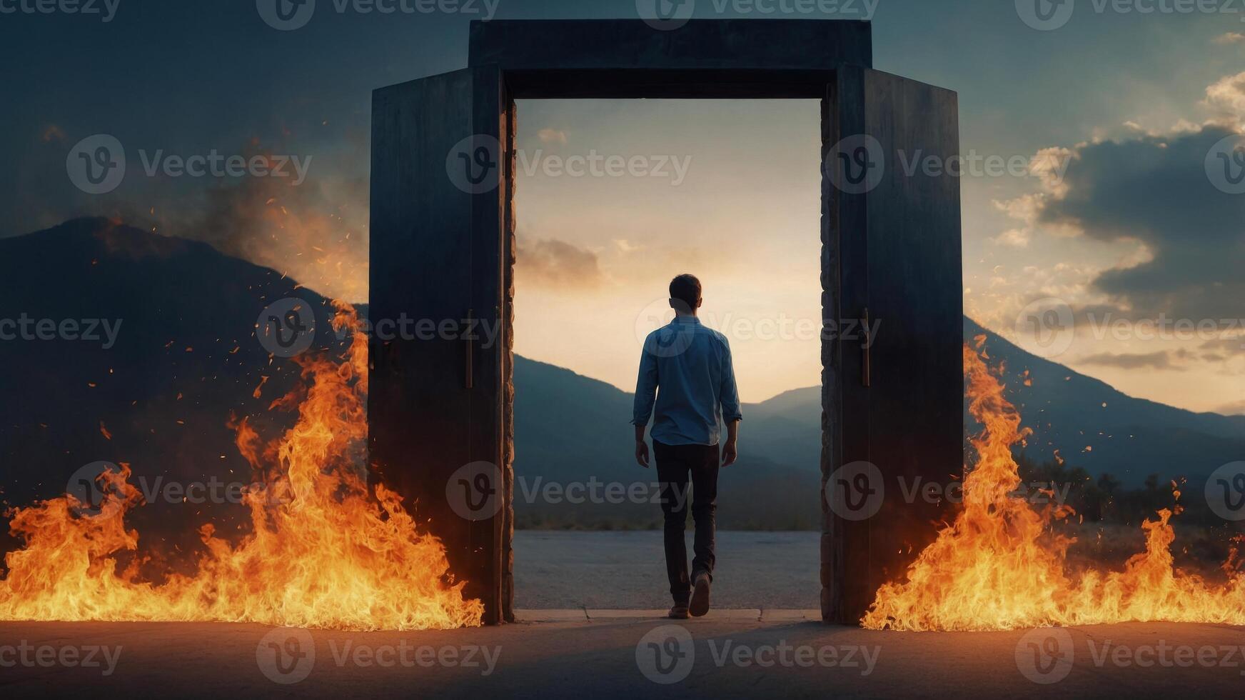 Sky Filled Fire Into Doorway of Out Walking Man. photo