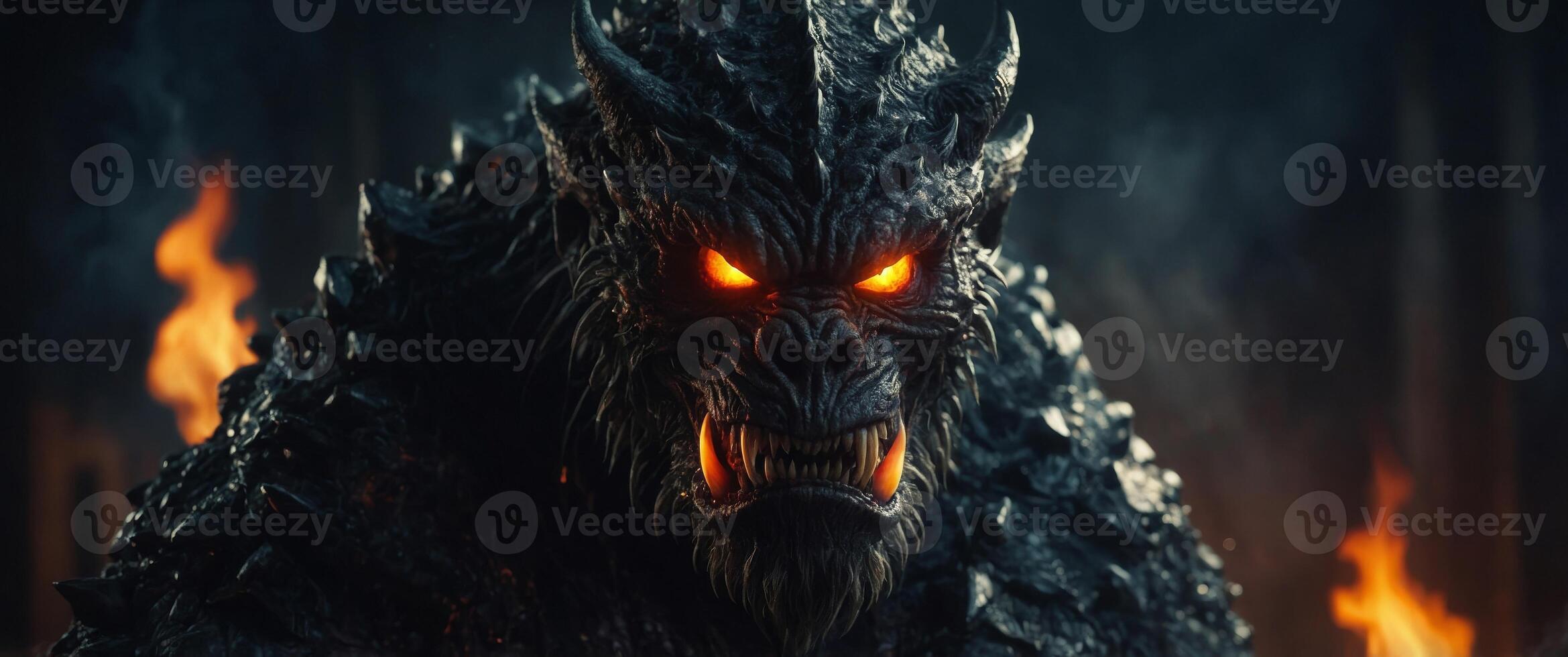 Mysterious evil monster creature in a dark room with fire. photo