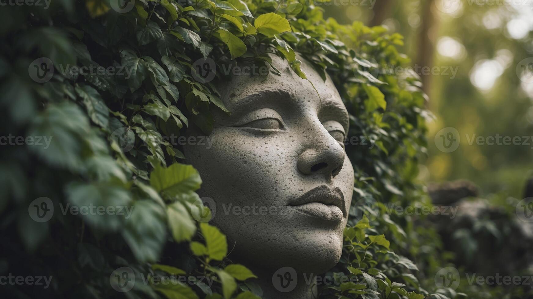 Stone face sculpture with tongue out amidst green foliage. photo