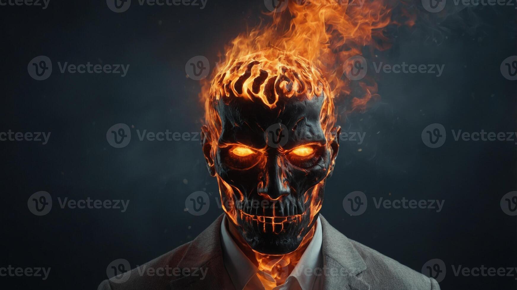 Display Startling a in Cranium Mans a From Emitting Flames Fiery Head, Burning. photo