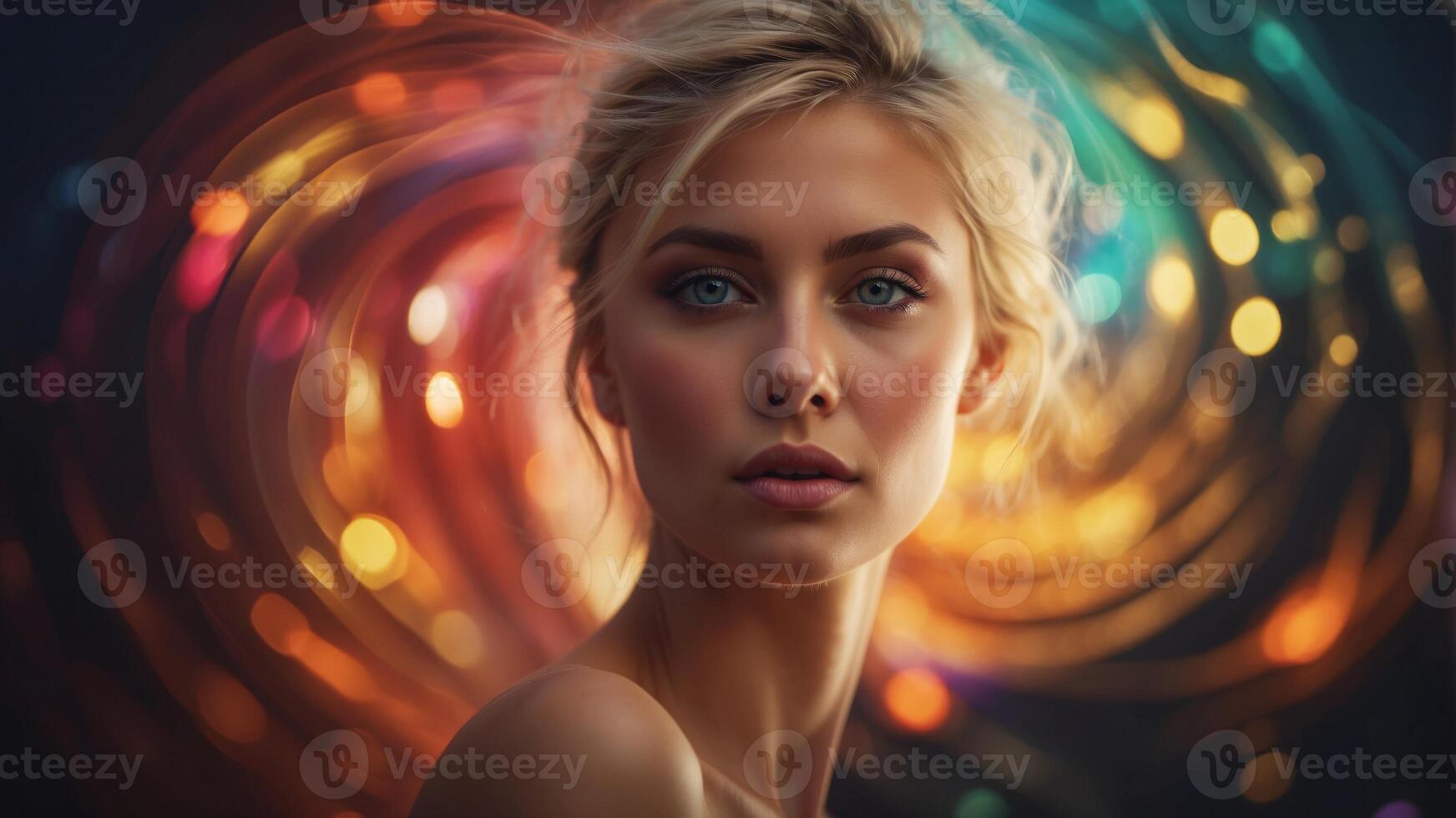 An colorful swirl of light and color with a face in the center. photo