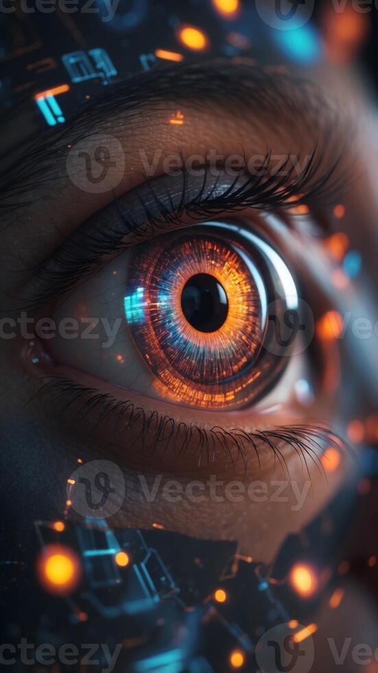 Cybernetic Eye with Neon Circuits and Holographic Displays in Futuristic Face Concept. photo
