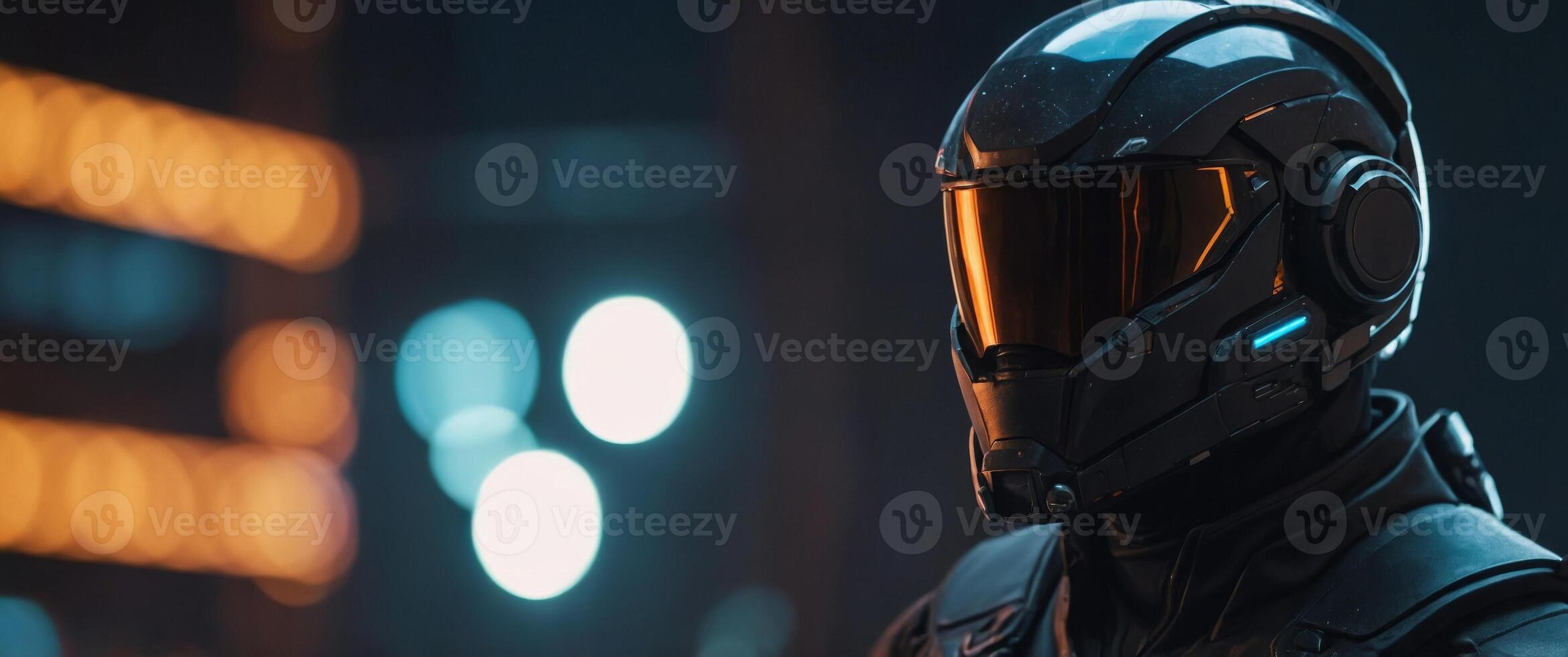 A futuristic hero in a dark suit and helmet stands ready. photo