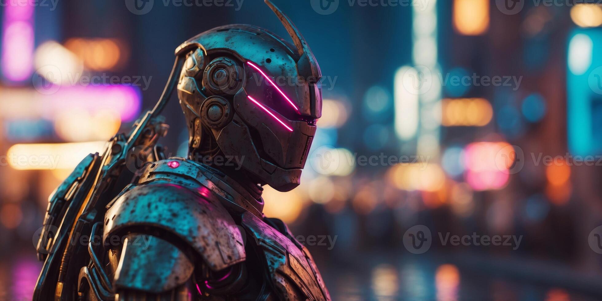 A robot knight guarding a futuristic city of neon light. photo