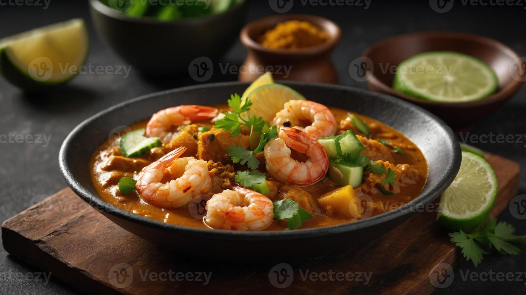 Shrimp curry flavored with tangy dried mango and Indian spices garnished with coriander and served with cucumber slices Ideal for a copy space image. photo