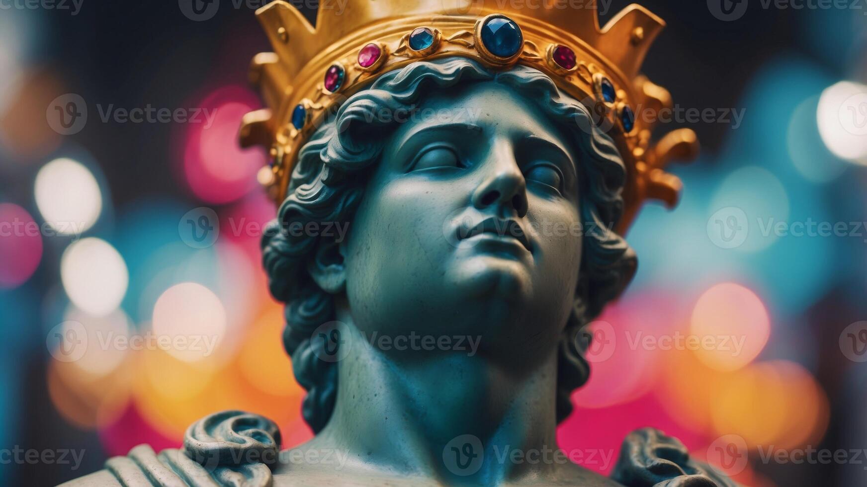 Colorful lighting on classical statue with a crown. photo