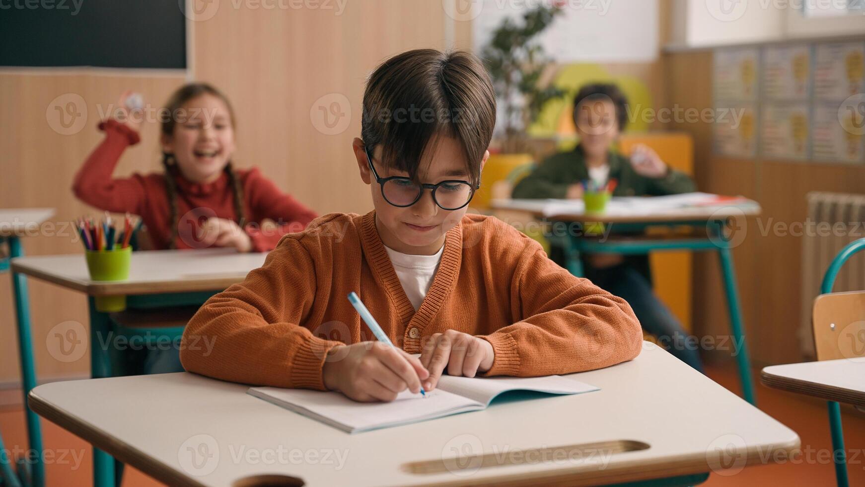 Caucasian little boy kid schoolboy nerd in glasses write task class lesson school education angry children cruel throw crumpled paper balls abuse abusing bullying classmates studying problem mock photo