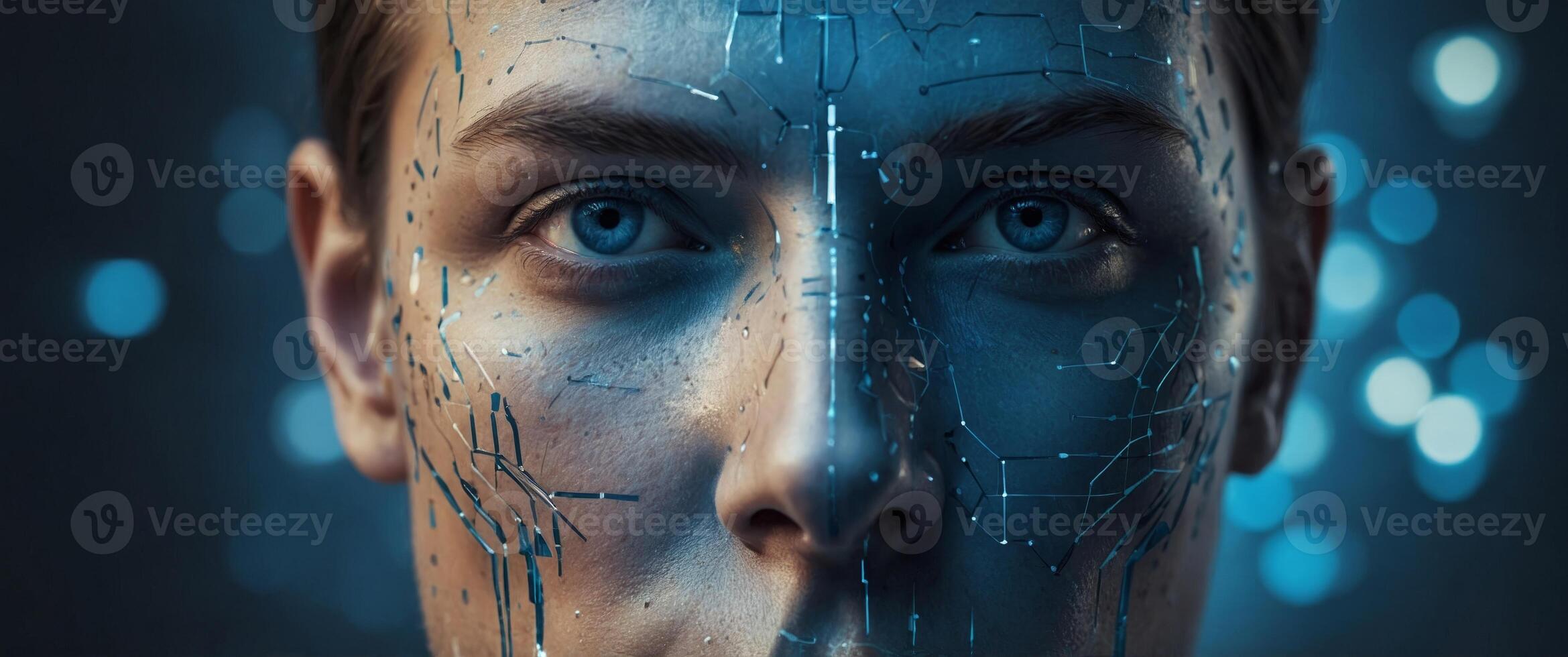 human face in blue colors, concept of artificial intelligence. photo