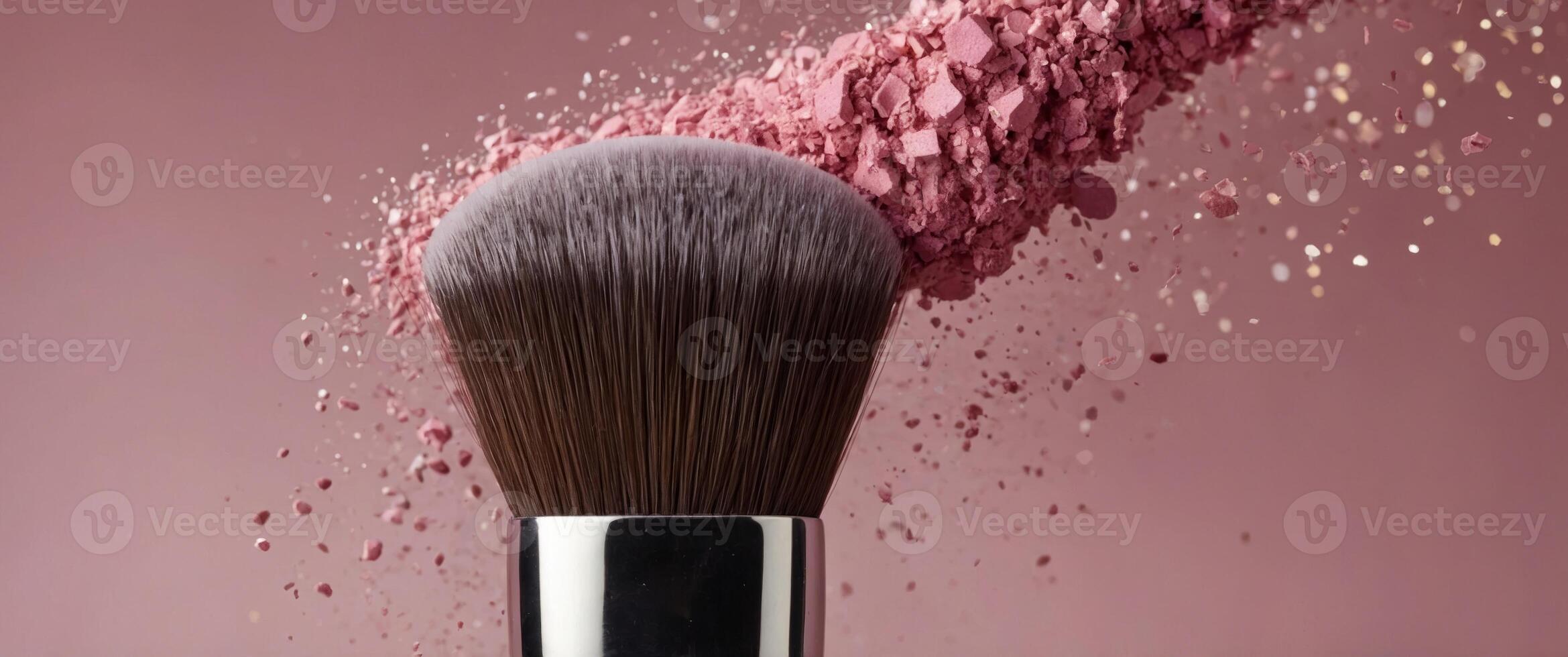 close-up of mankeup brush with pink powder annd glitter on pink banckground, beanuty cosmetics annd mankeup anpplicantion concept. photo