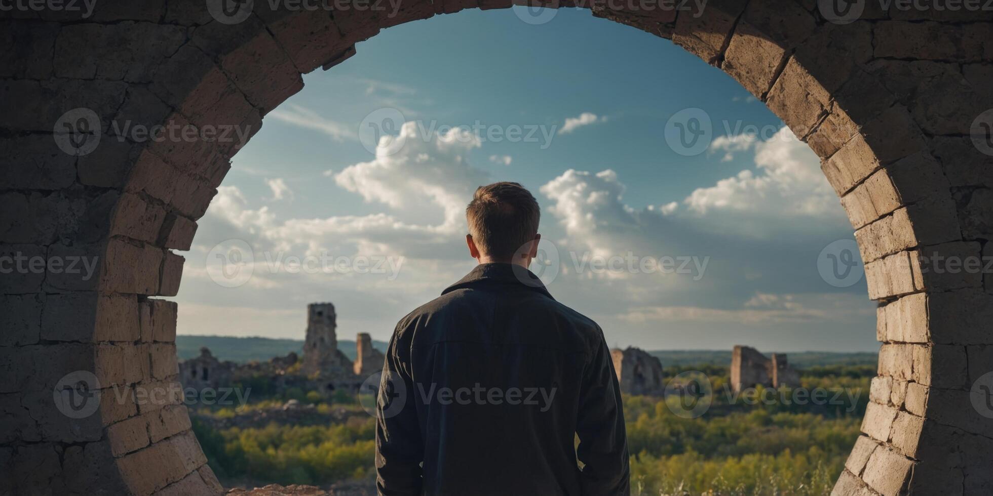 Man looking at the cloudy sky through a circular window of ruined wall plans for the future conceptual background. photo