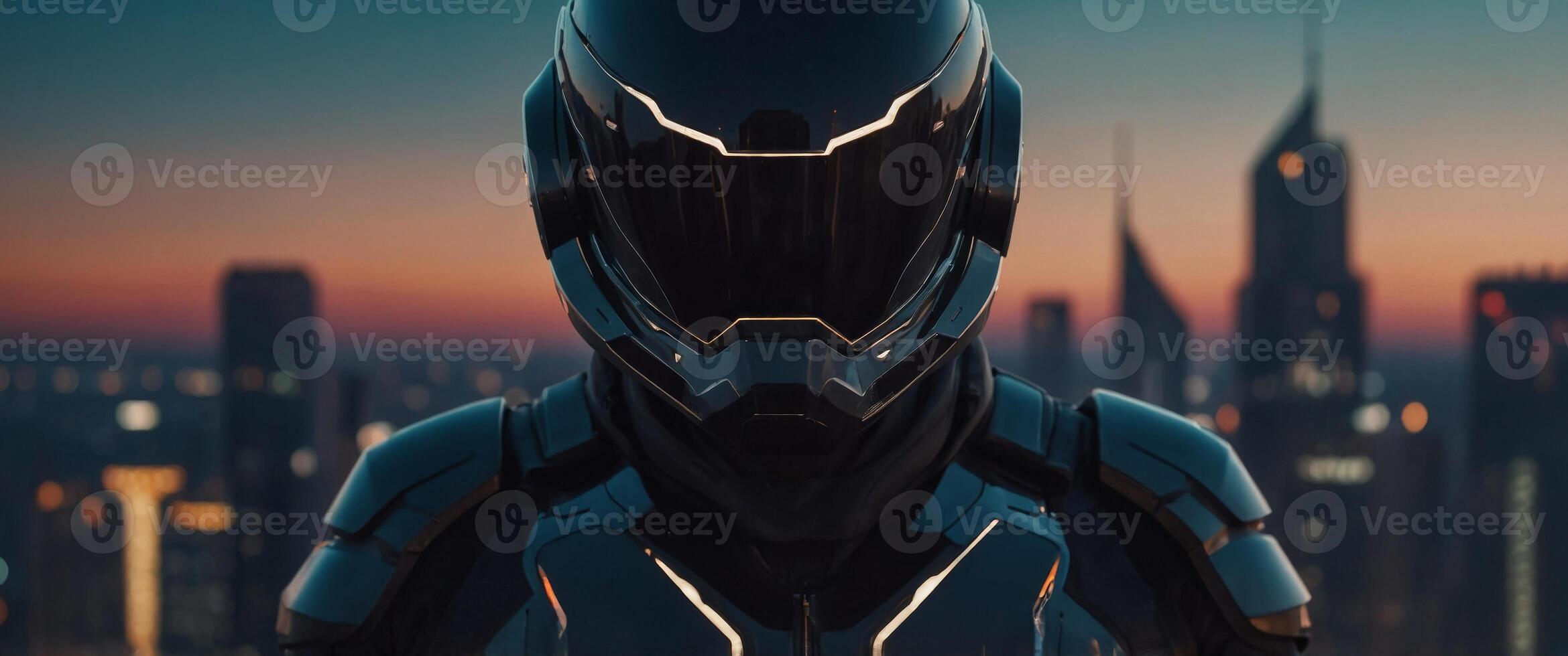 A futuristic hero in a dark suit and helmet stands ready. photo