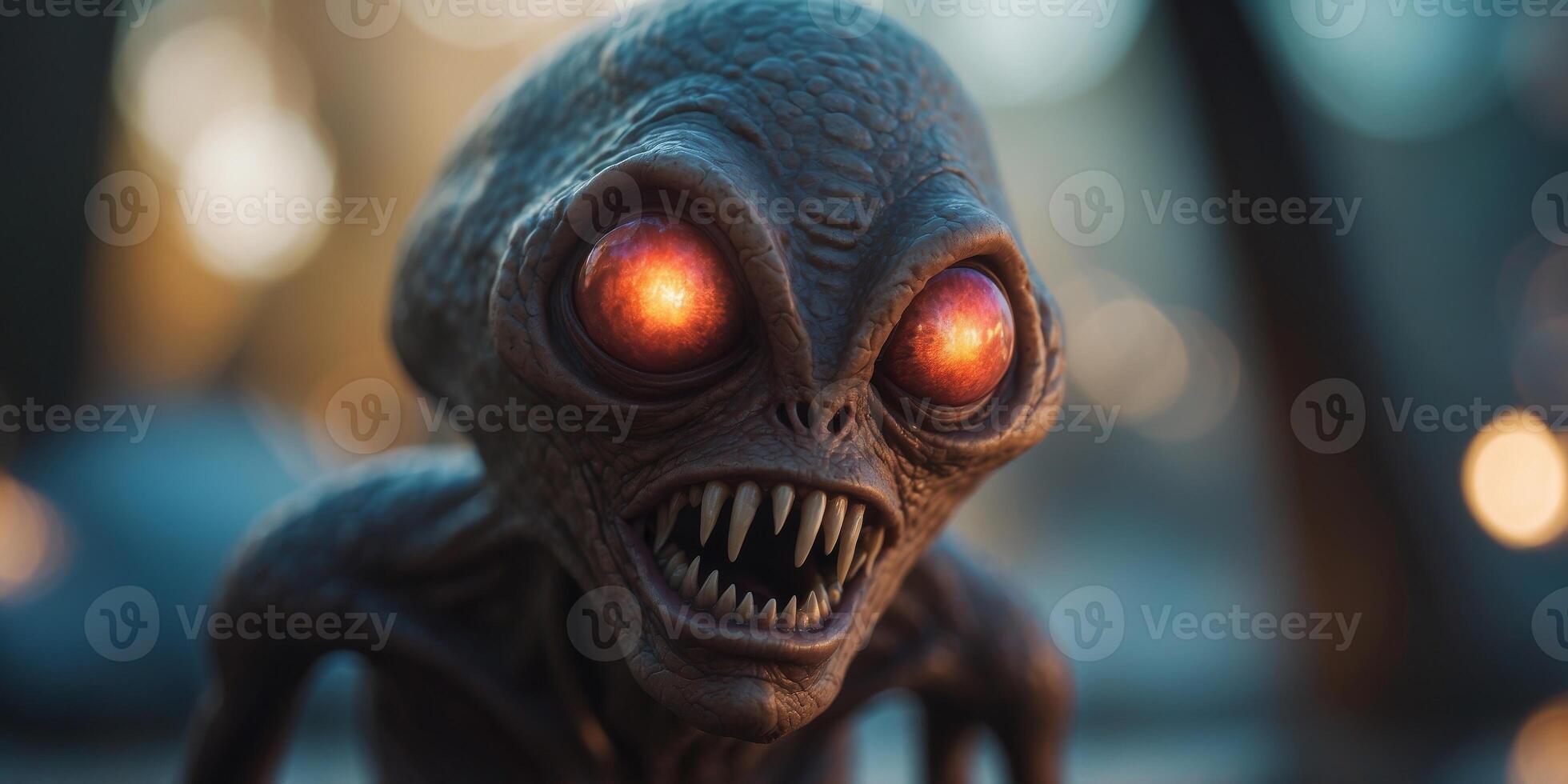 A strange looking alien with a large head and a mouth with sharp teeth. photo