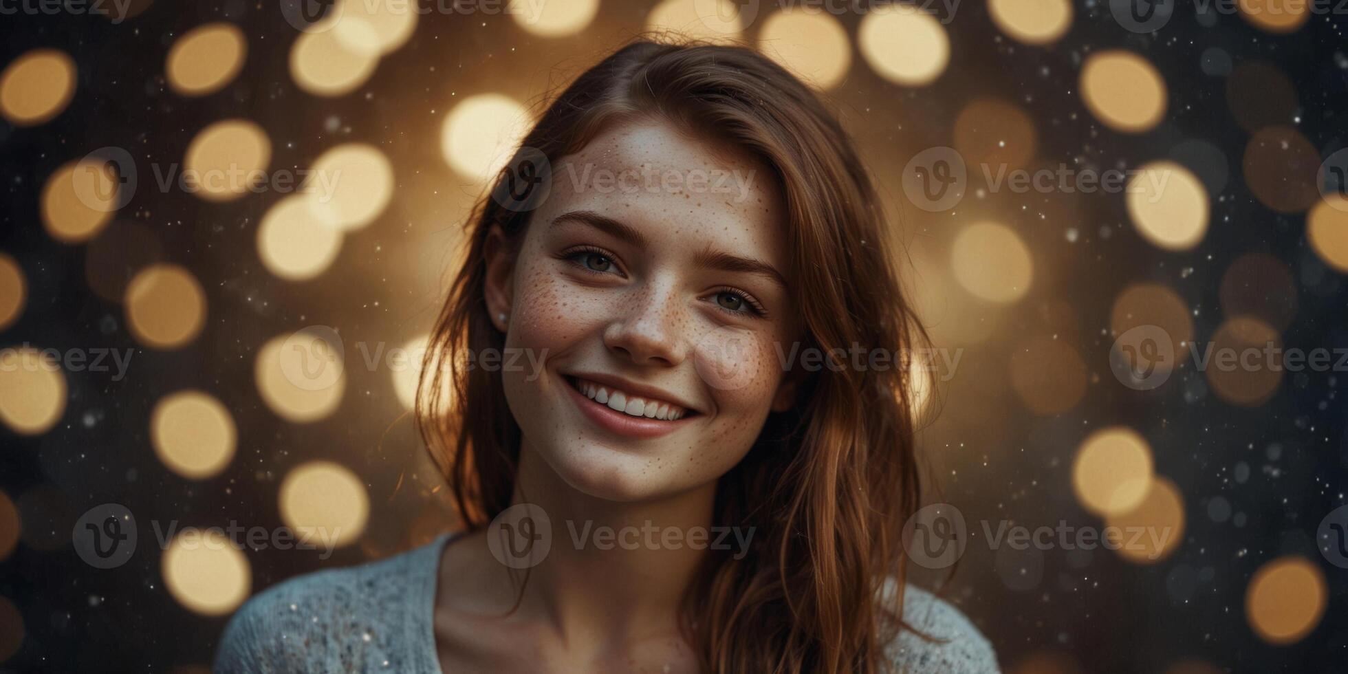 Smiling girl with freckles on a sparkling background. photo
