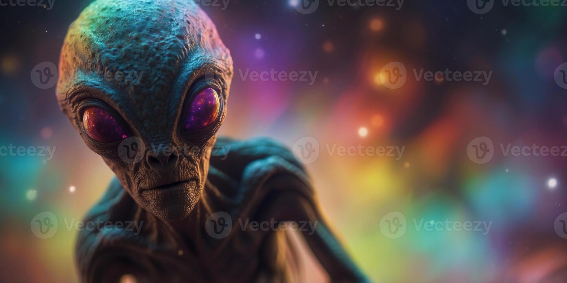 An alien creature made of light, drifting through a colorful nebula. photo