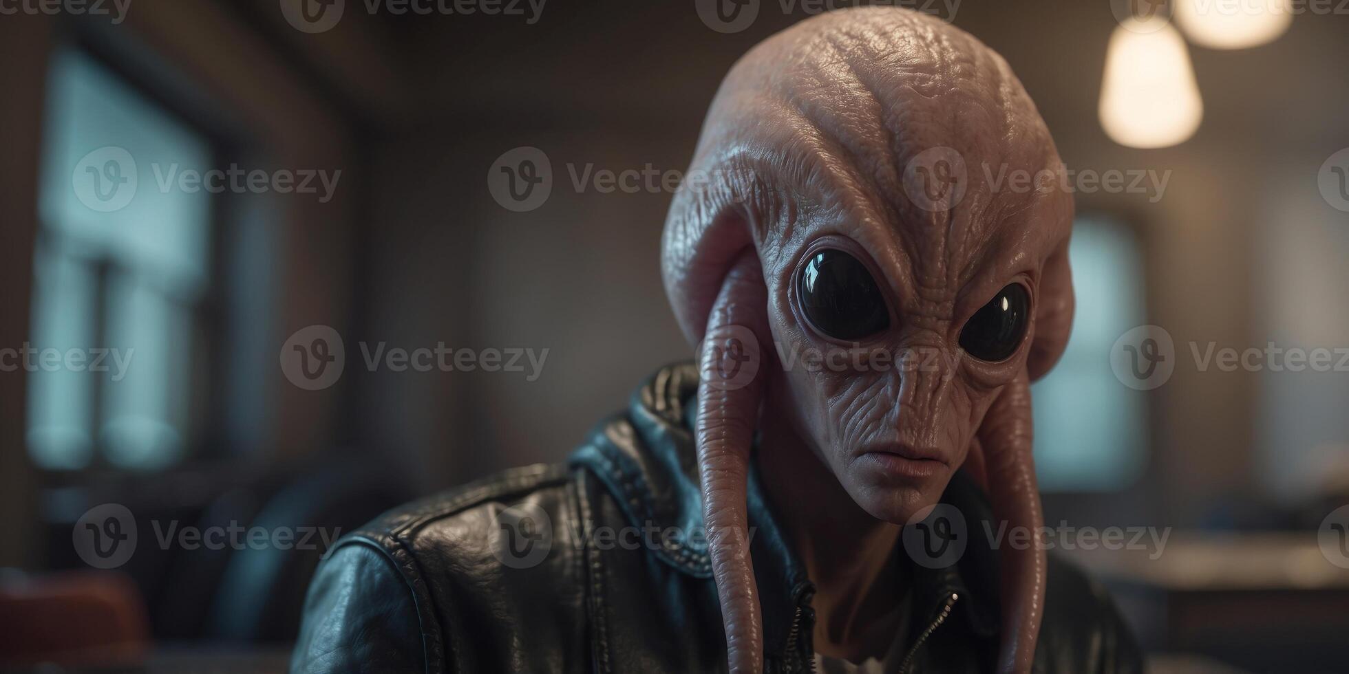 Alien creature with tentacles wearing a leather jacket in an old room. photo