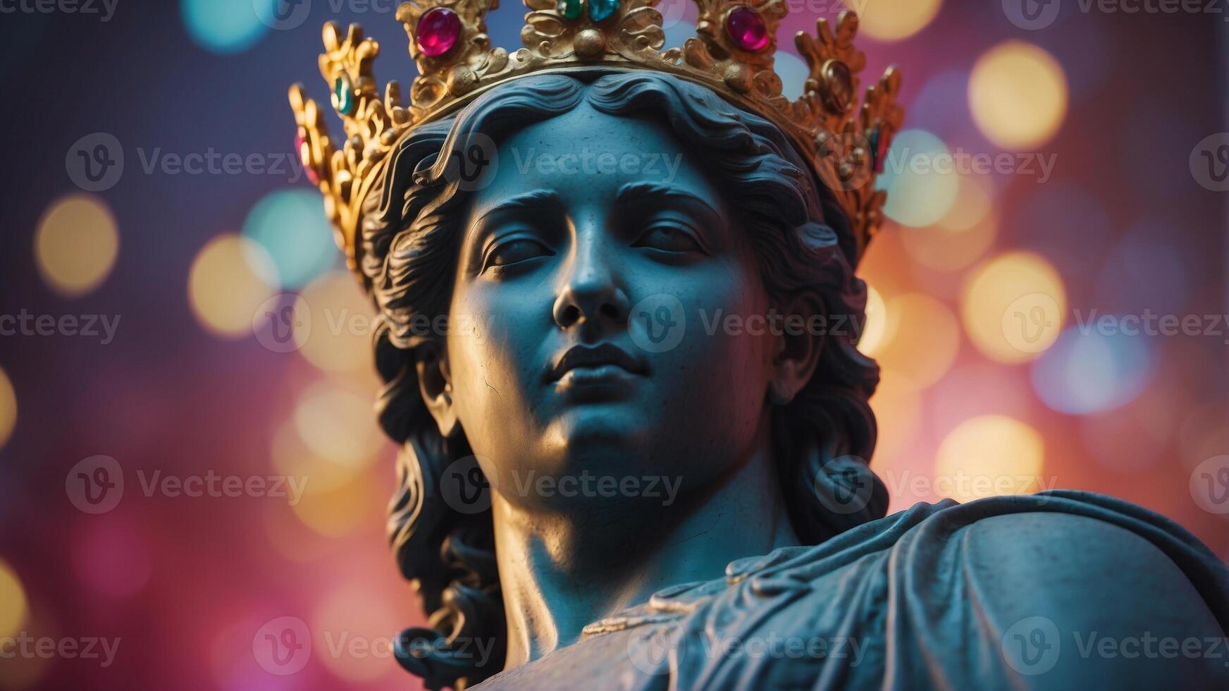 Colorful lighting on classical statue with a crown. photo