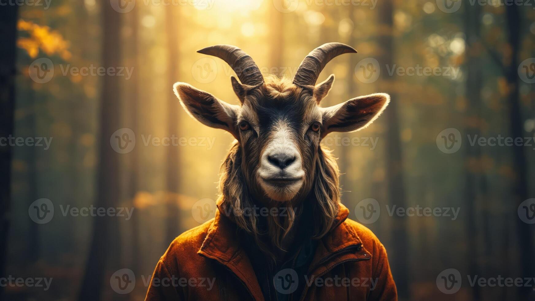 The image shows a half-man, half-goat creature standing in a sunlit forest. photo