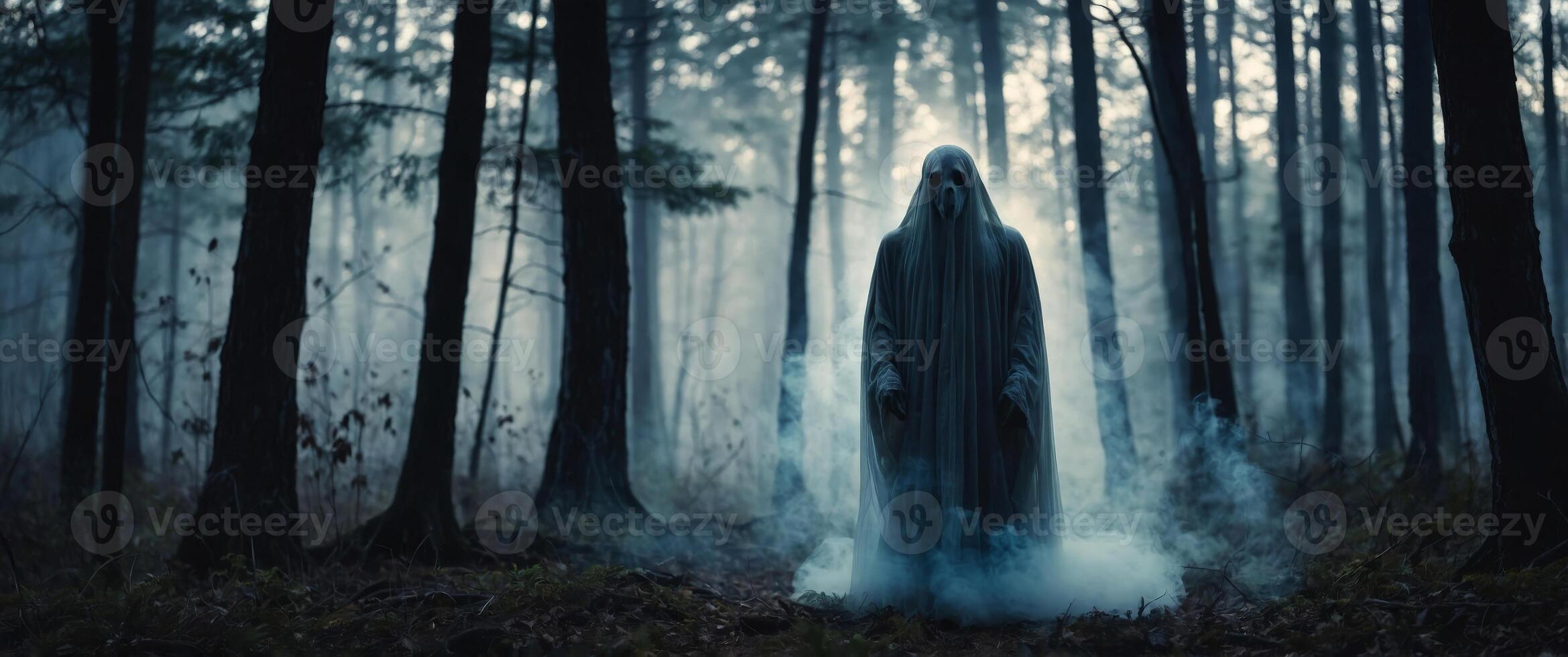 Creepy Ghost Figure in Forest with Smoke and Lights. photo