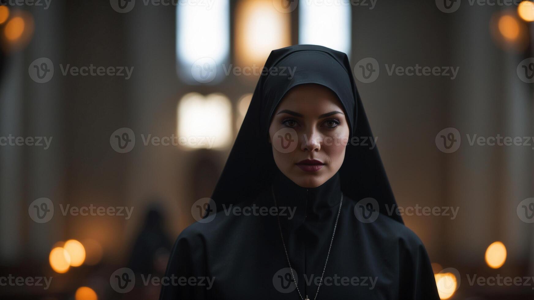 Nun dressed in black with haunting look in dimly lit church. photo