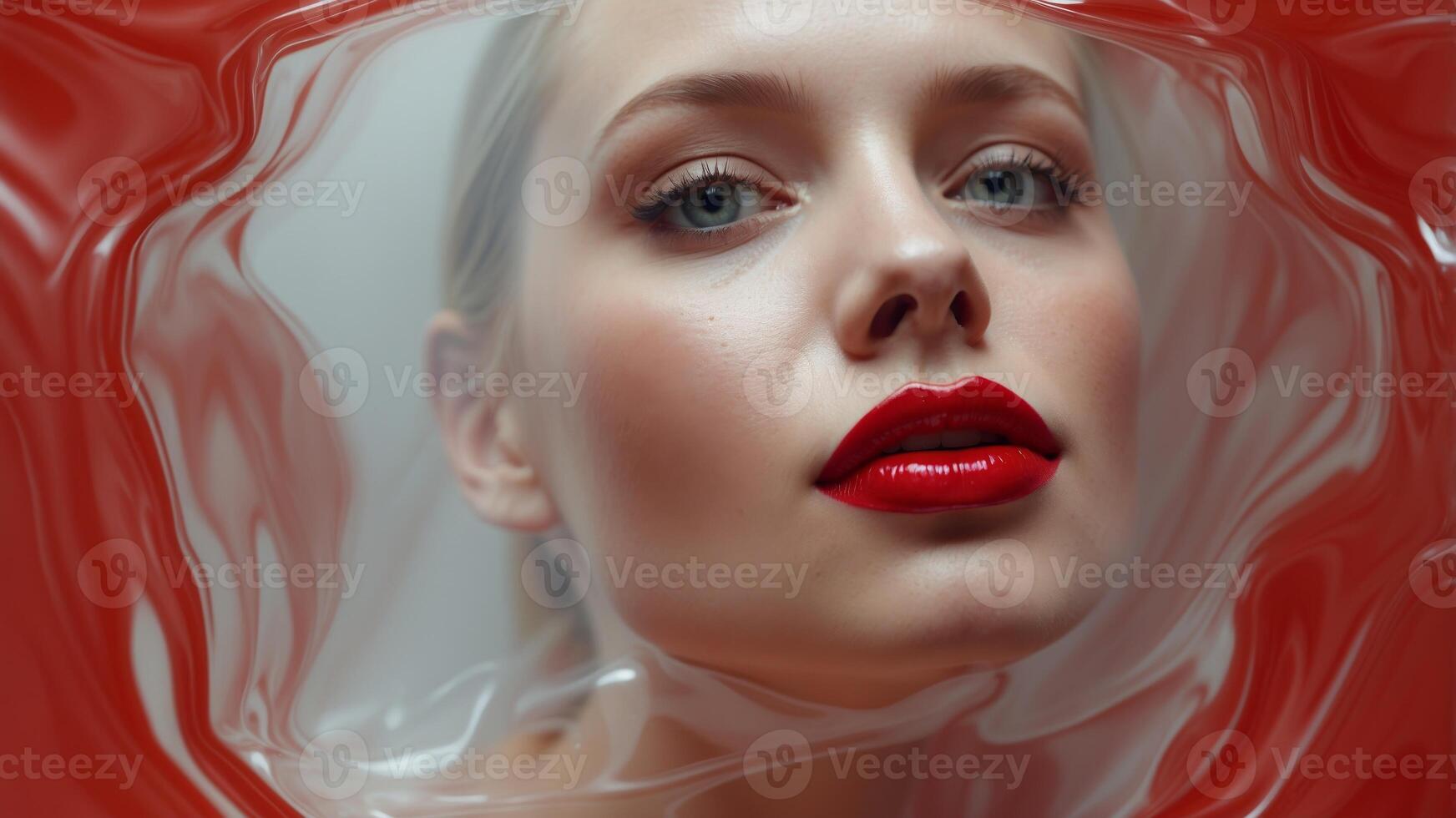 Woman's face with red lips framed by liquid red plastic. photo