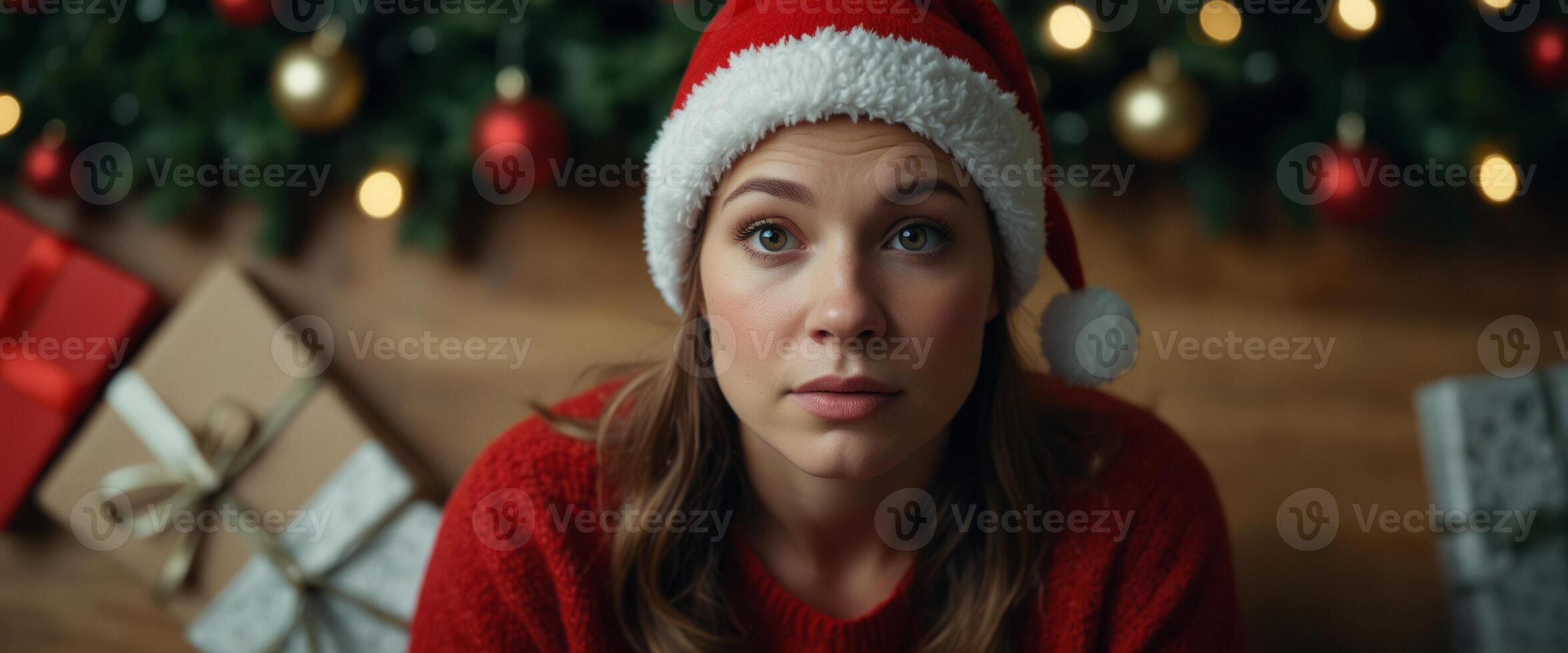 Top down view of unrecognizable woman housewife tired of wrapping Christmas presents and lying down Seasonal holidays depression concept. photo