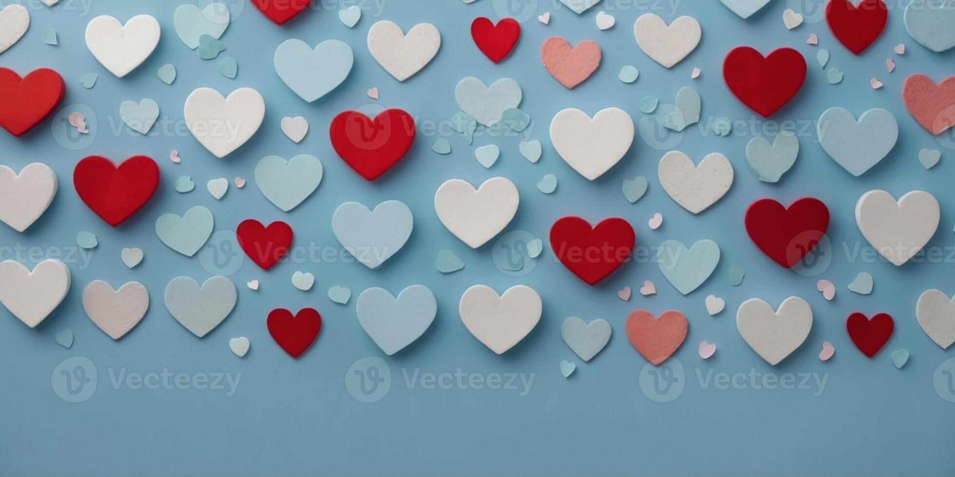 Heart elements arranged on a pastel blue and red background minimal valentines celebration concept. photo