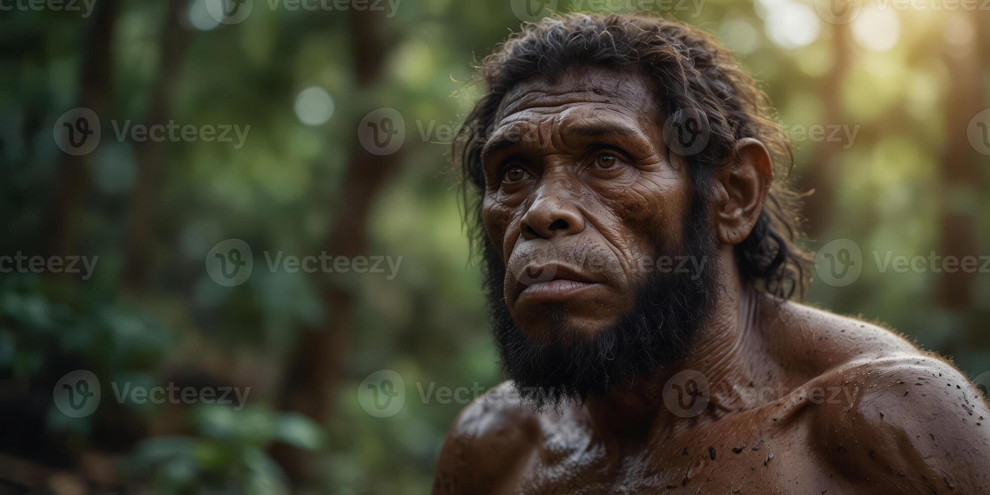 An extinct species of an early human, primitive man, early human existence, tools, culture, and survival in the ancient epochs of our evolutionary past. photo