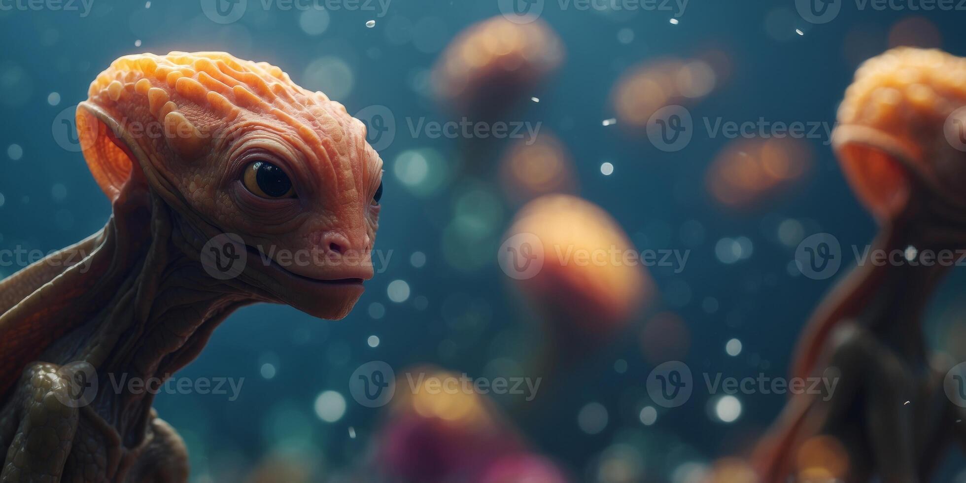 A vast alien ocean filled with glowing creatures and strange currents. photo