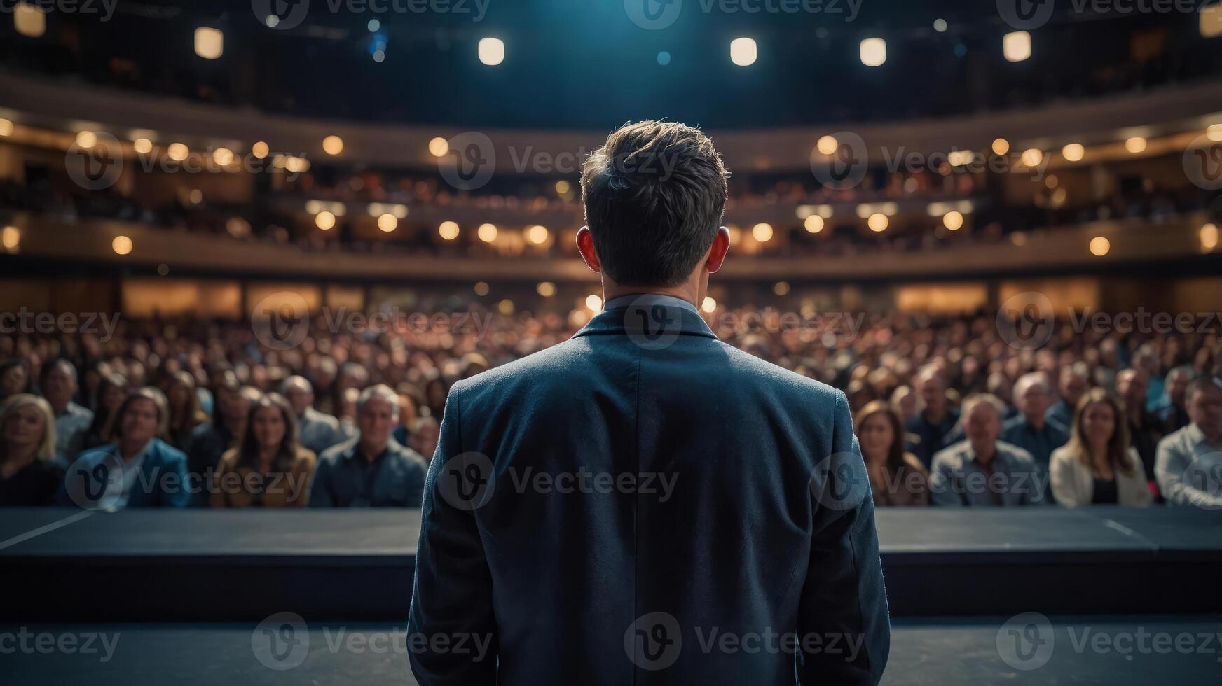 A man standing on a stage in front of a large audience. photo